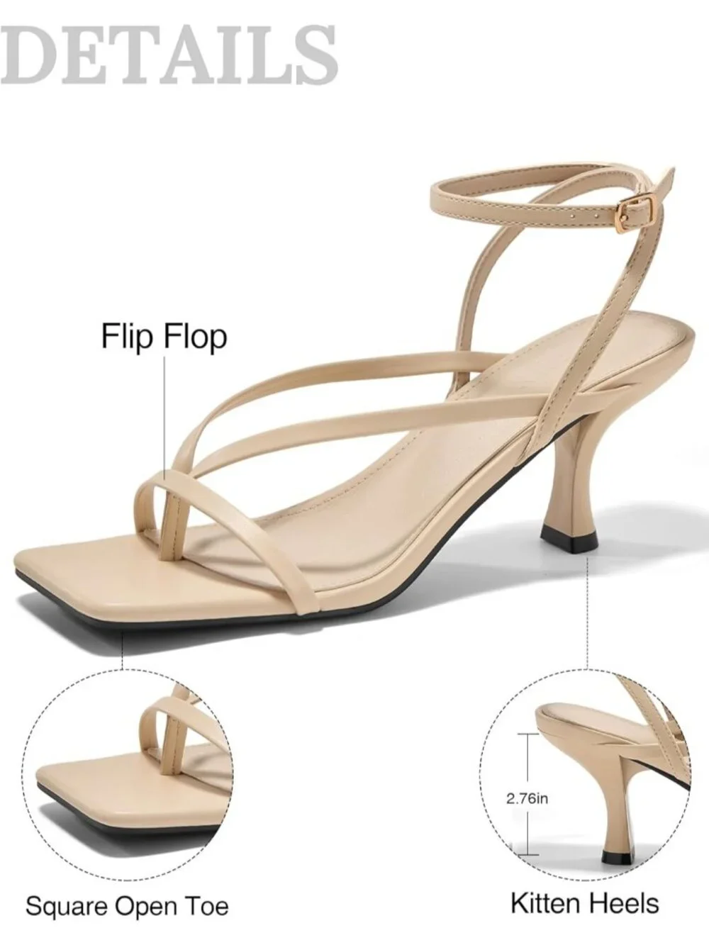 Women's Beige Lace Up Heels Sandal Square Toe Flip Flop Kitten Heel Ankle Strap